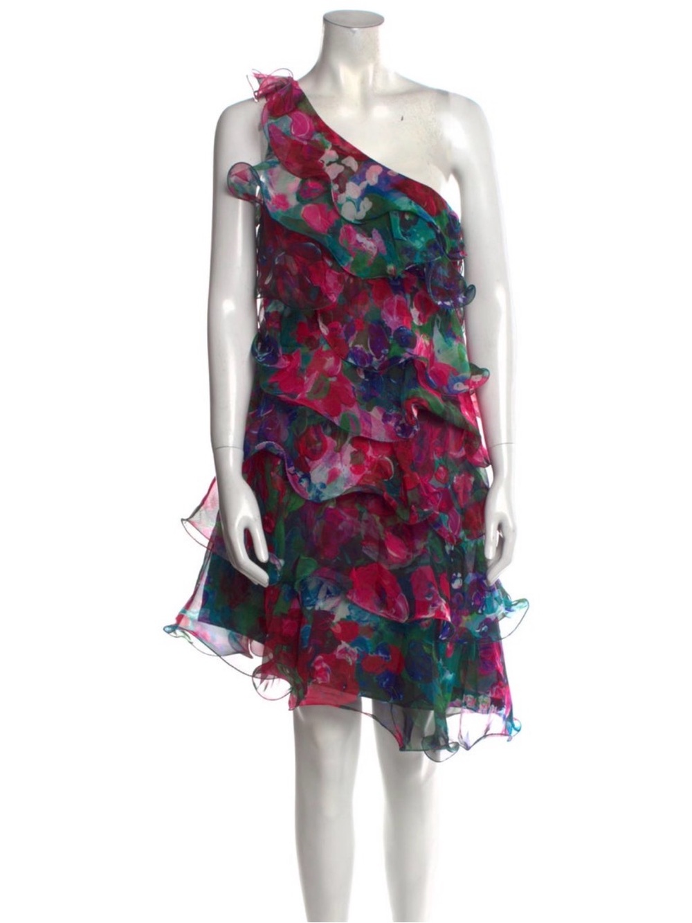 Marchesa Notte One-Shoulder Ruffled Floral Mini Dress